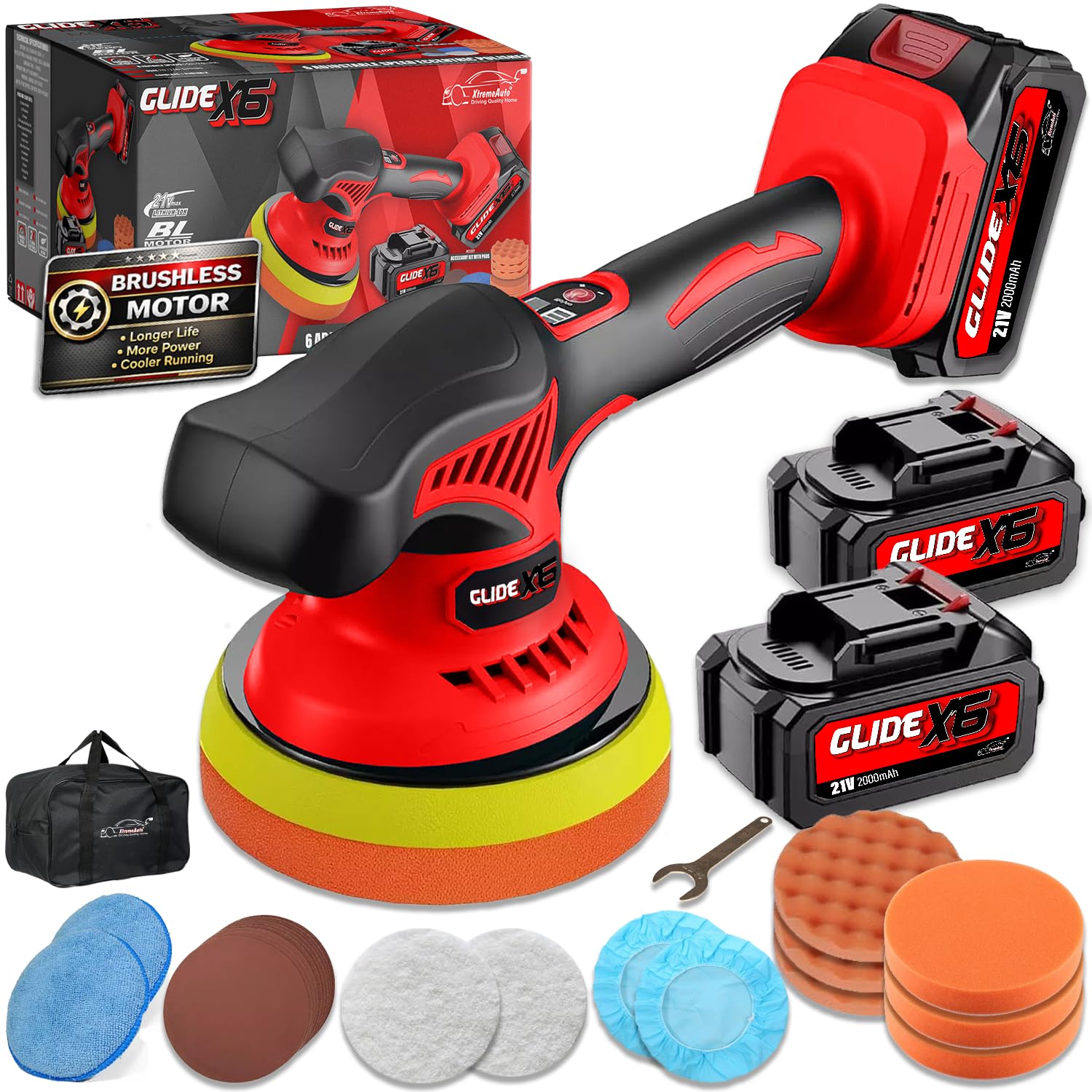 Xtremeauto Glide X6 Cordless Dual Action Car Polisher Kit – 21V Brushless Buffer & Waxing Machine with 2 Batteries, Variable Speed Orbital Polishing Tool for Car Detailing, Scratch Removal & Finishing - 5
