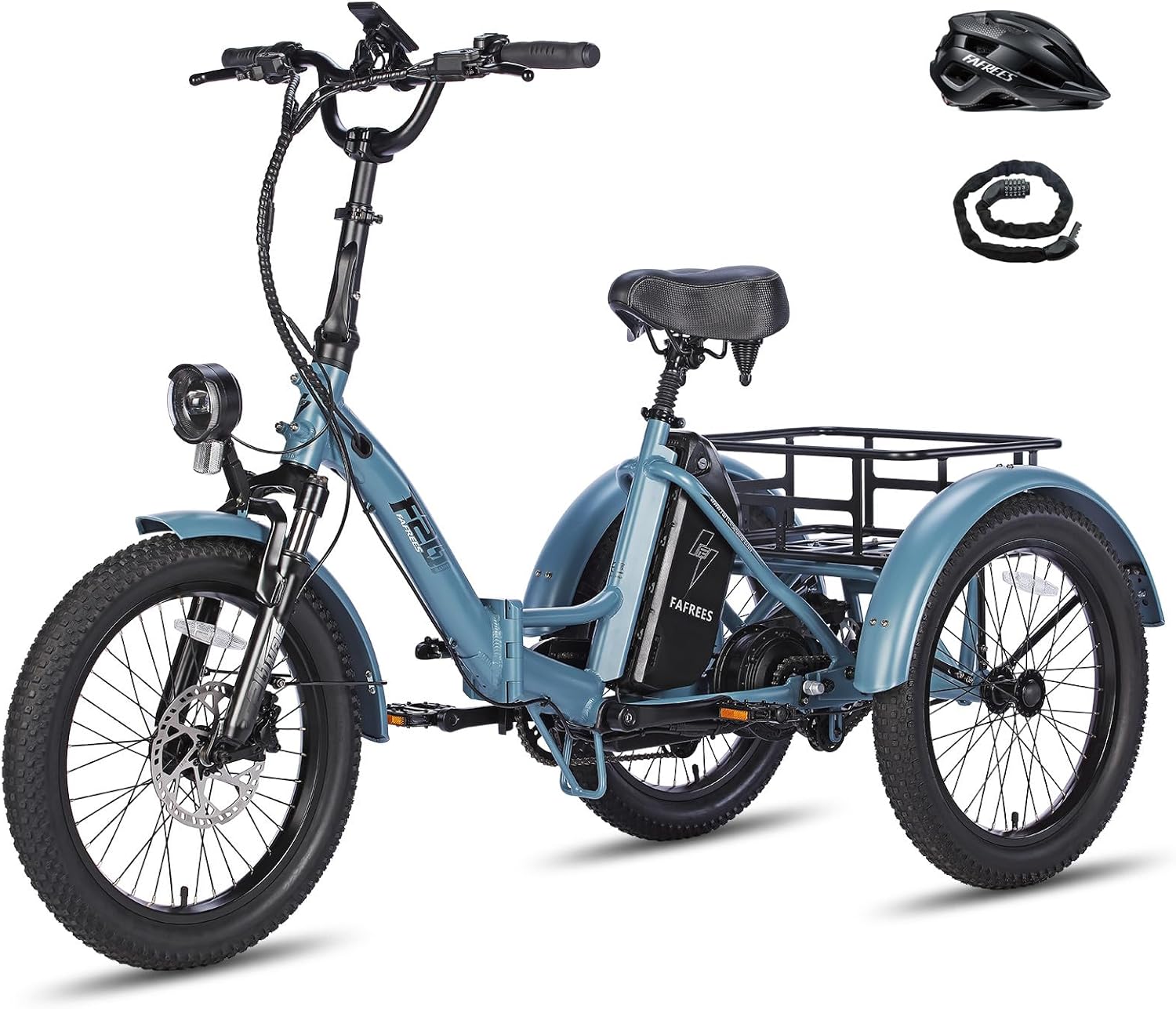 Fafrees F20 Mate E-Bike Tricycle in blue with helmet and lock