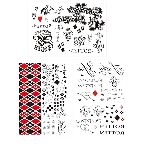 6 Sheets PADOUN Joker Temporary Tattoo Stickers, Fake Joker Temporary Tattoo Stickers and Suicide Squad Harley Quinn Tattoos Full Body Bundle for Costume Cosplay Party Accessory