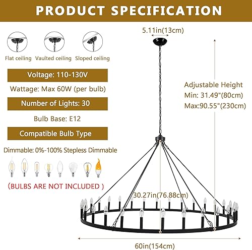 Miniatura 10 de Candelabro negro grande de 38 pulgadas, 12 luces de granja, lámpara colgante de vela rústica industrial para techo alto, sala de estar, comedor y