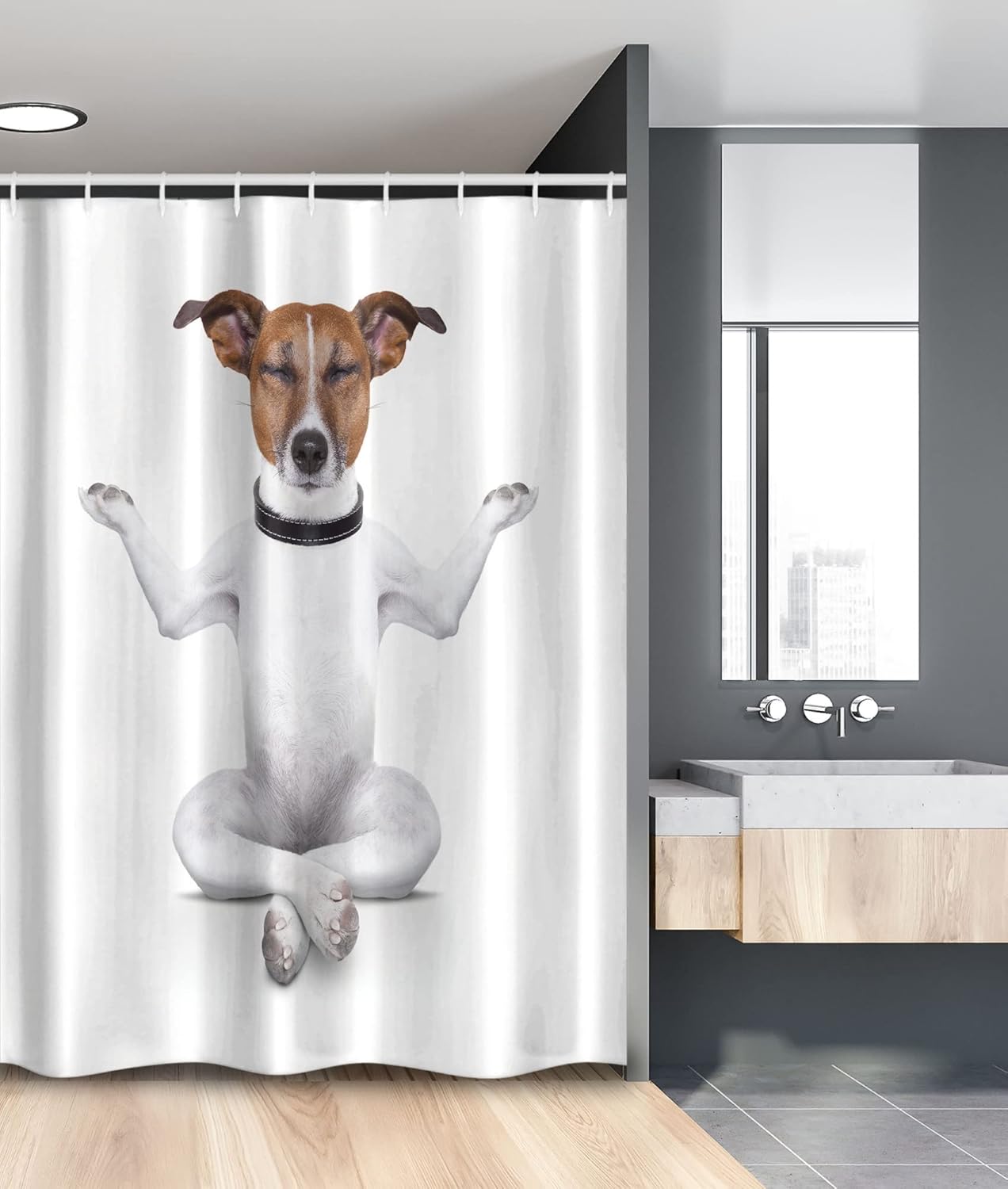 Ambesonne Dog Lover Stall Shower Curtain, Yoga Animal Sitting Relaxed Closed Eyes Meditation Lifestyle Fitness Joy Comic, Fabric Bathroom Decor Set with Hooks, 36" W x 72" L, White Brown