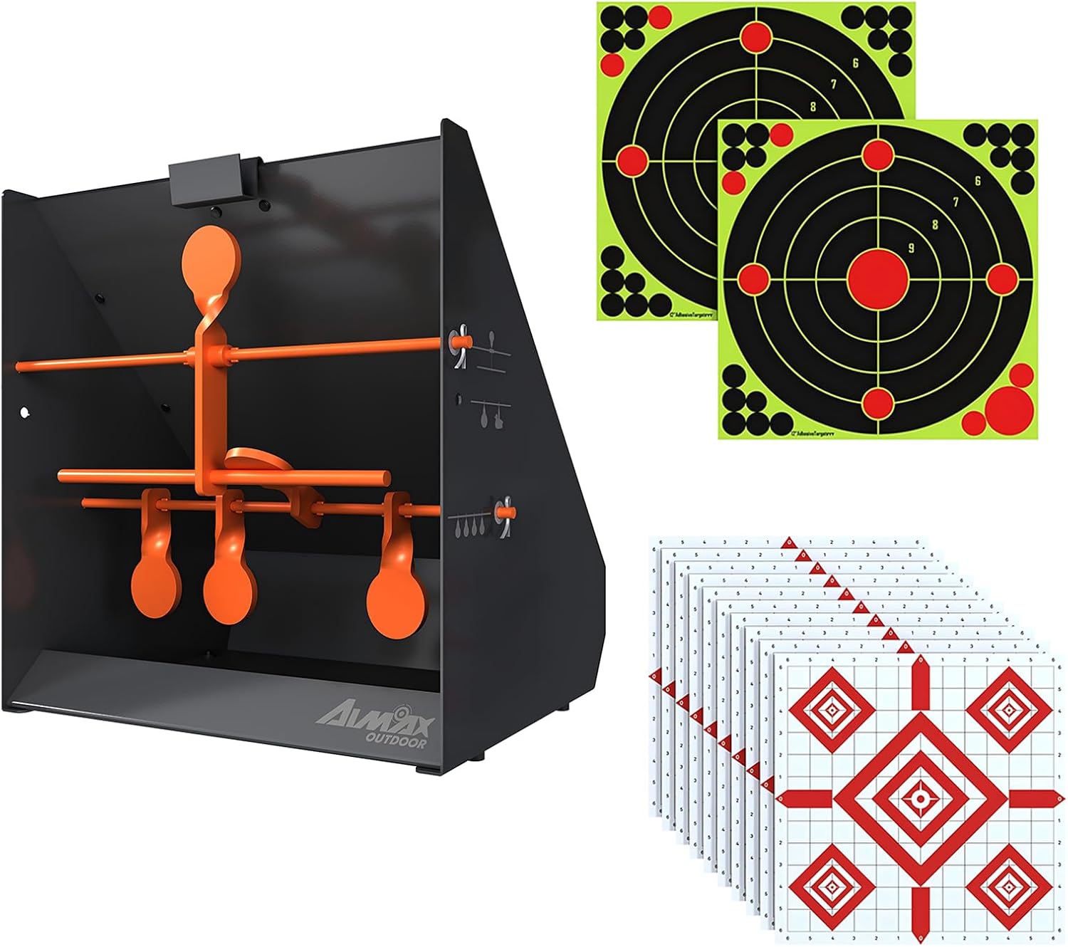 Pellet Gun Target Trap with Center Shot - 12pcs Paper Targets and 4 Resetting Metal Shooting Targets for Airgun, Rifle, Rimfire, Perfect for Backyard, Outdoor, Indoor Shooting Practice