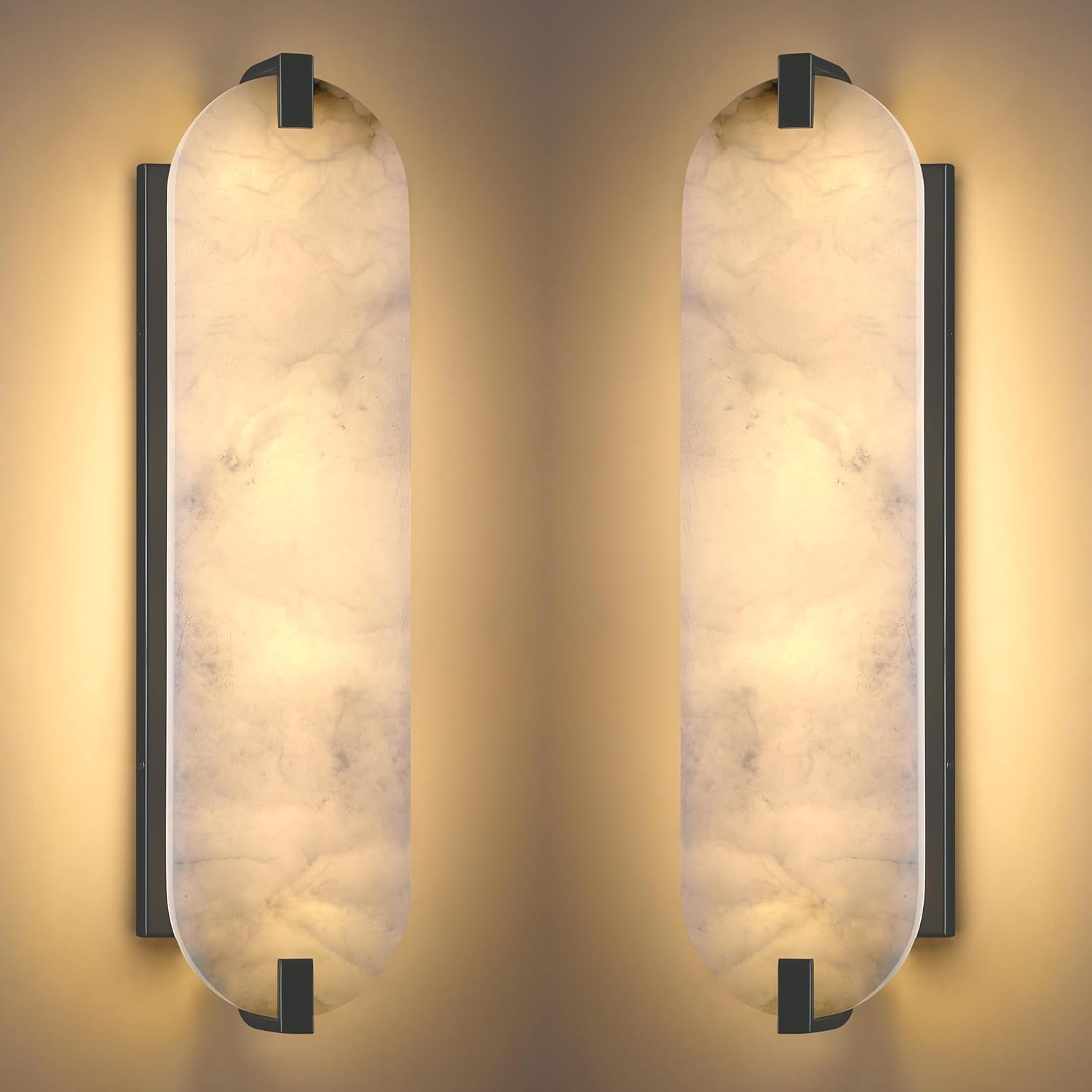 21.7" Natural Oval Alabaster Marble Modern Concise 2 Pack 4 Light Wall Sconce Fixture,Black Finish for Bathroom Bedroom Hallway Bedside Staircase Vanity Mirror 21.7" Alabaster Marble Oval Marble Black 2 Pack