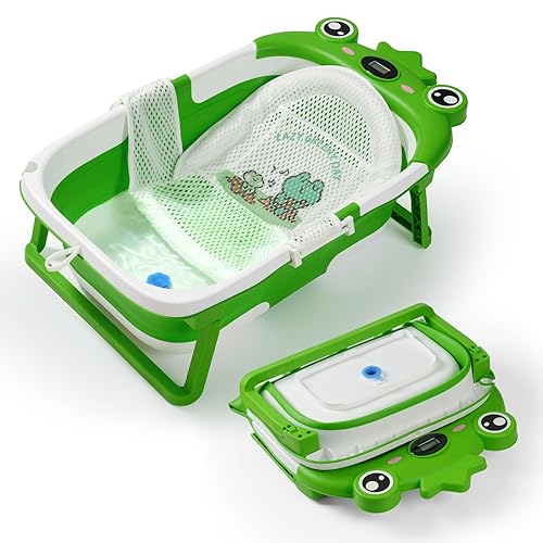Miniatura 11 de Bañera para bebé, bañera plegable para bebé con cojín suave y termómetro, que ahorra espacio, plegable y de viaje, bañera para recién nacidos hasta