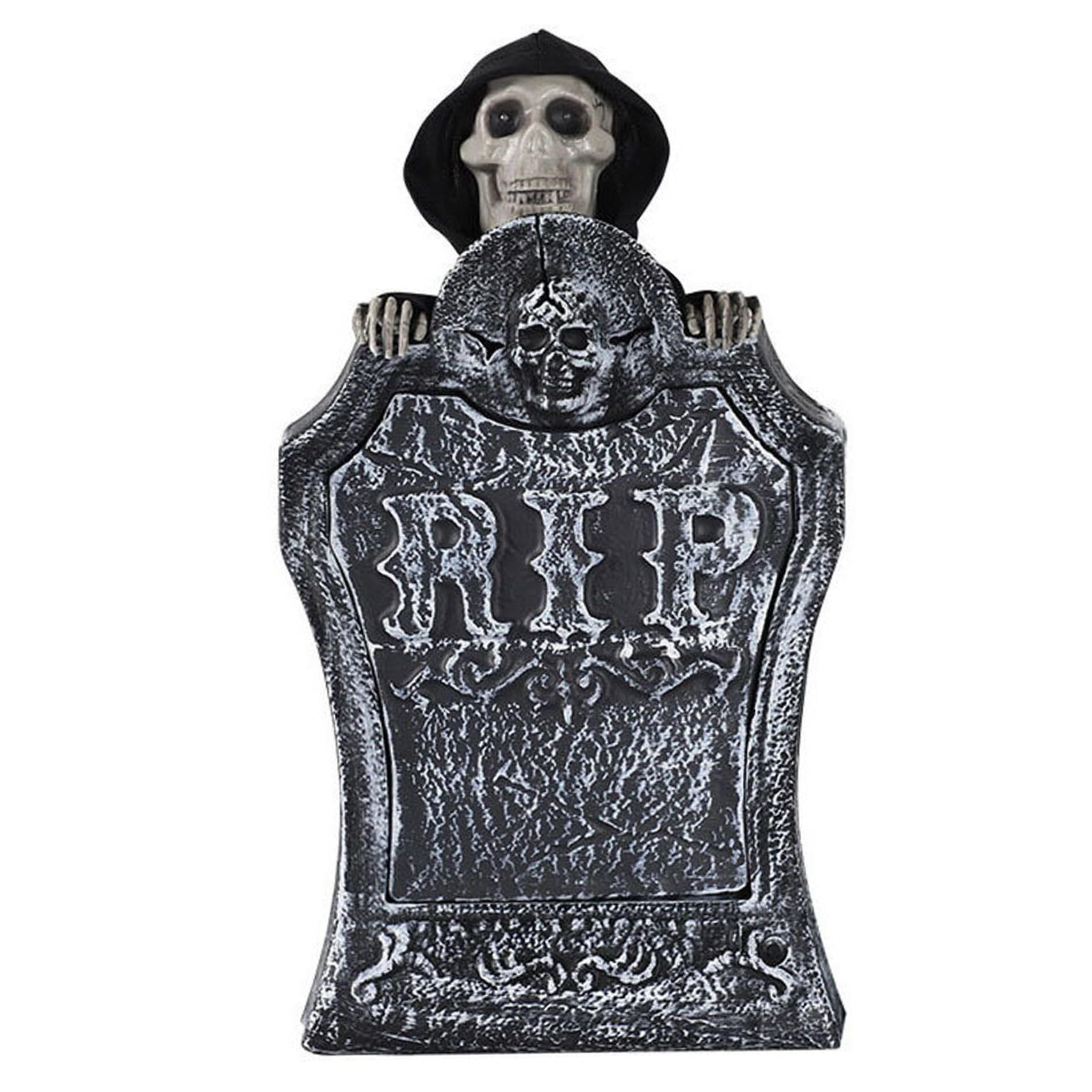 Ameble Halloween Tombstones Light-Up Scary Tombstone with Red Eyes Raising Skull Creepy Voice Sound-Activated Spooky Halloween Animatronics for Haunted House Decor