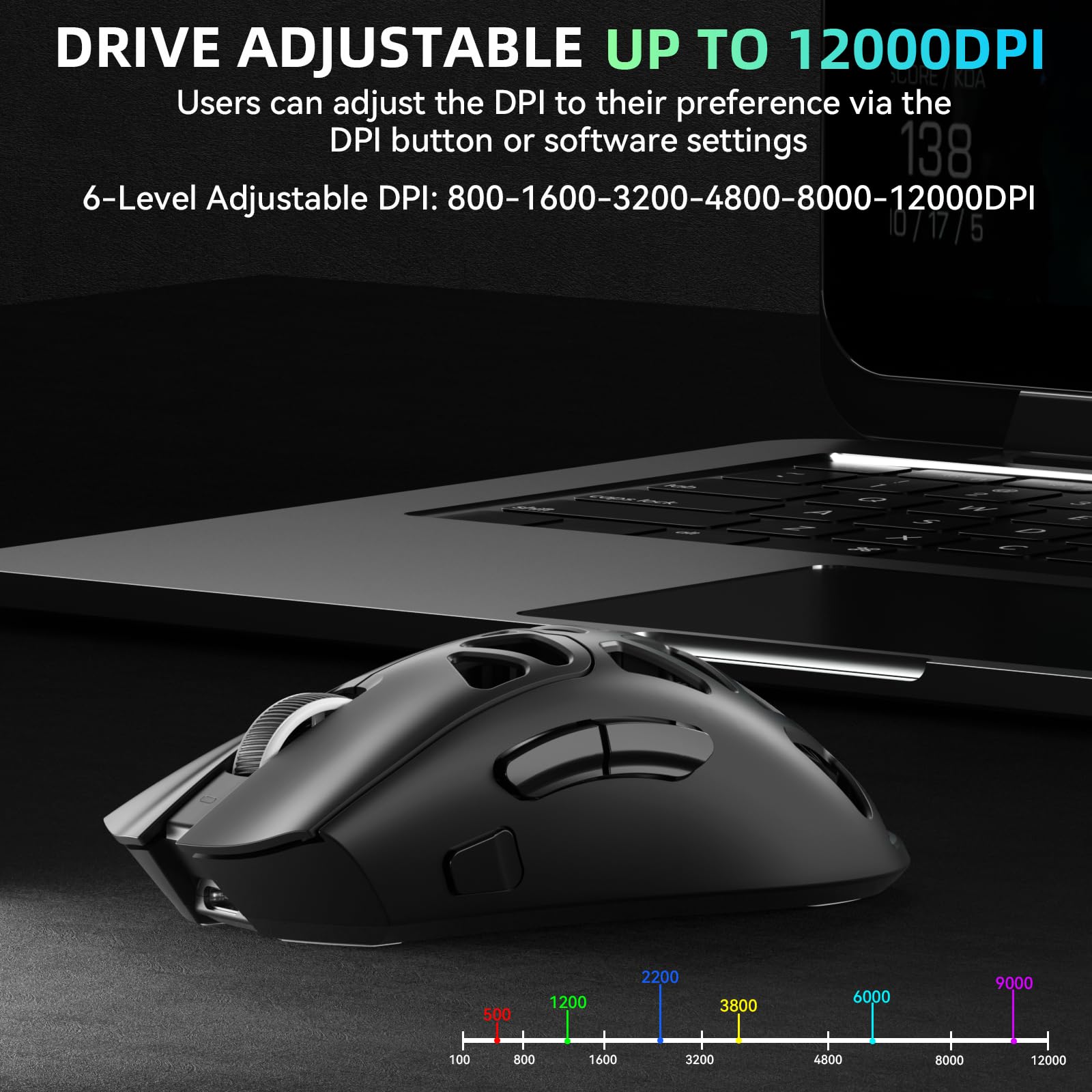 AULA SC620 Kabellose Gaming Maus,BT5.0/2.4G/USB-C,mit PixArt PAW3311-Sensor,12000DPI,8KHz,Feuertaste,7 Programmierbare Tasten,67g Leichtgewicht,400-mAh-Akku,RGB Gamer Maus für PC/Mac (Schwarz) - 4