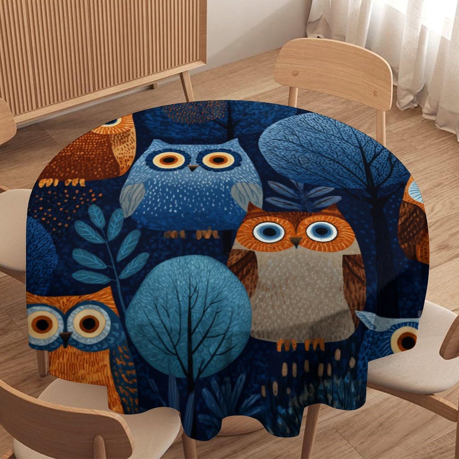 LUYYSKY Vintage Abstract Owls Waterproof Round Tablecloth Rustic Classic Watercolor Animals Owls Plant Trees Print Washable Table Cover for Kitchen-50 Wx50 L