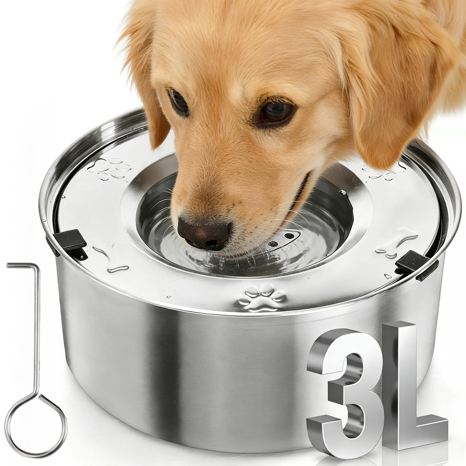 Coloch No Spill 3L Dog Water Bowl, 101oz Stainless Steel Dog Water Feeder No Drip Slow Dog Bowl with Floating Disk Large Capacity Pet Drinking Dispenser Vehicle Carried Travel Water Bowl for Dog, Cat
