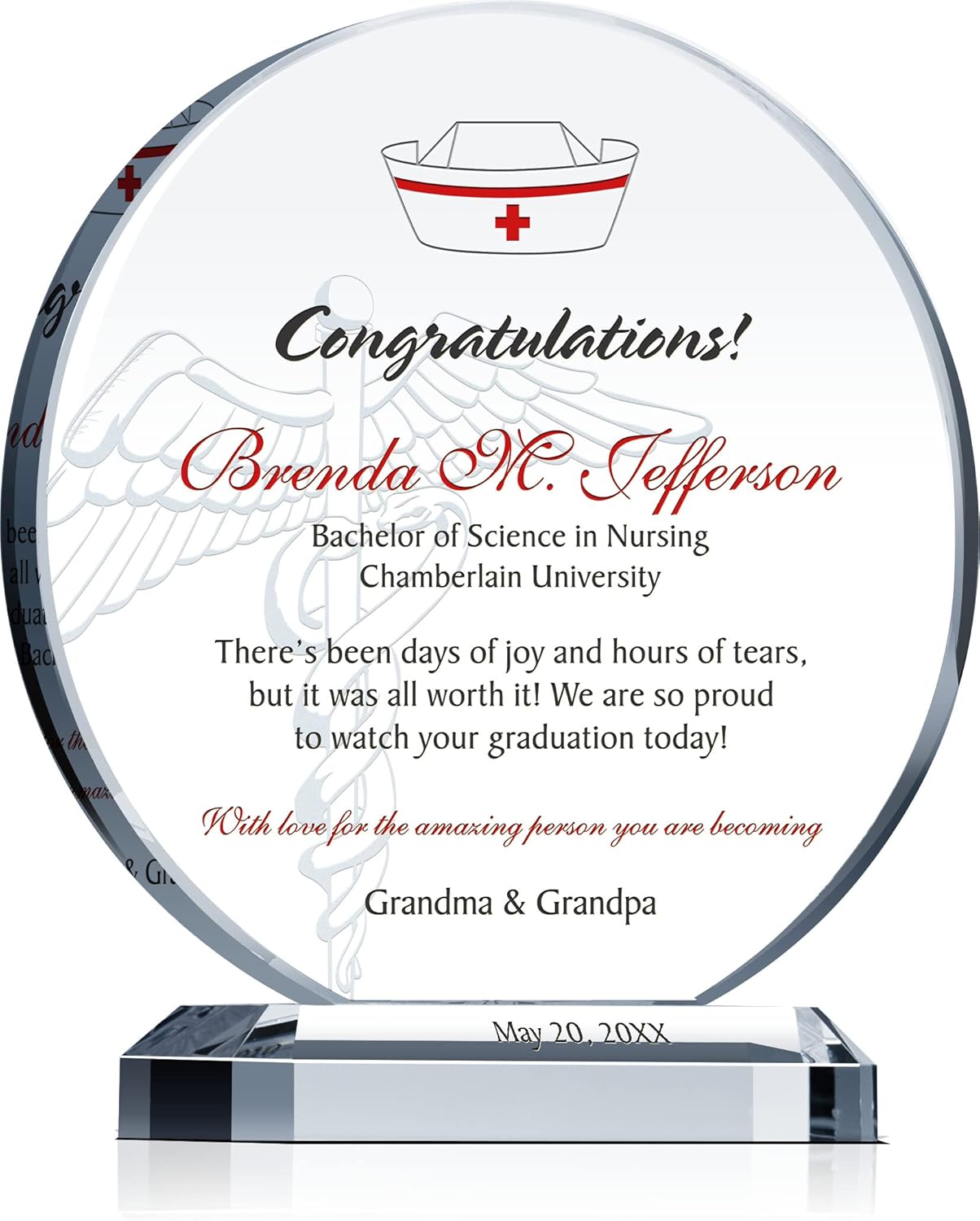 Personalized Nursing School Graduation Gift – Custom Engraved Crystal Plaque with Name, School, Degree & Date – Unique Nurse Gift for Daughter or Granddaughter (M - 6.5")