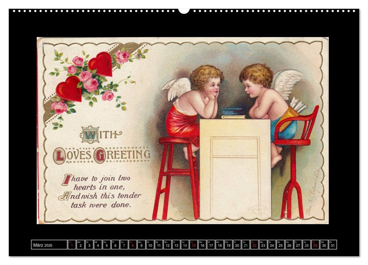 Liebesboten (Wandkalender 2026 DIN A2 quer), CALVENDO Monatskalender: Herzliche Engelchen auf alten Postkarten (CALVENDO Spass)
