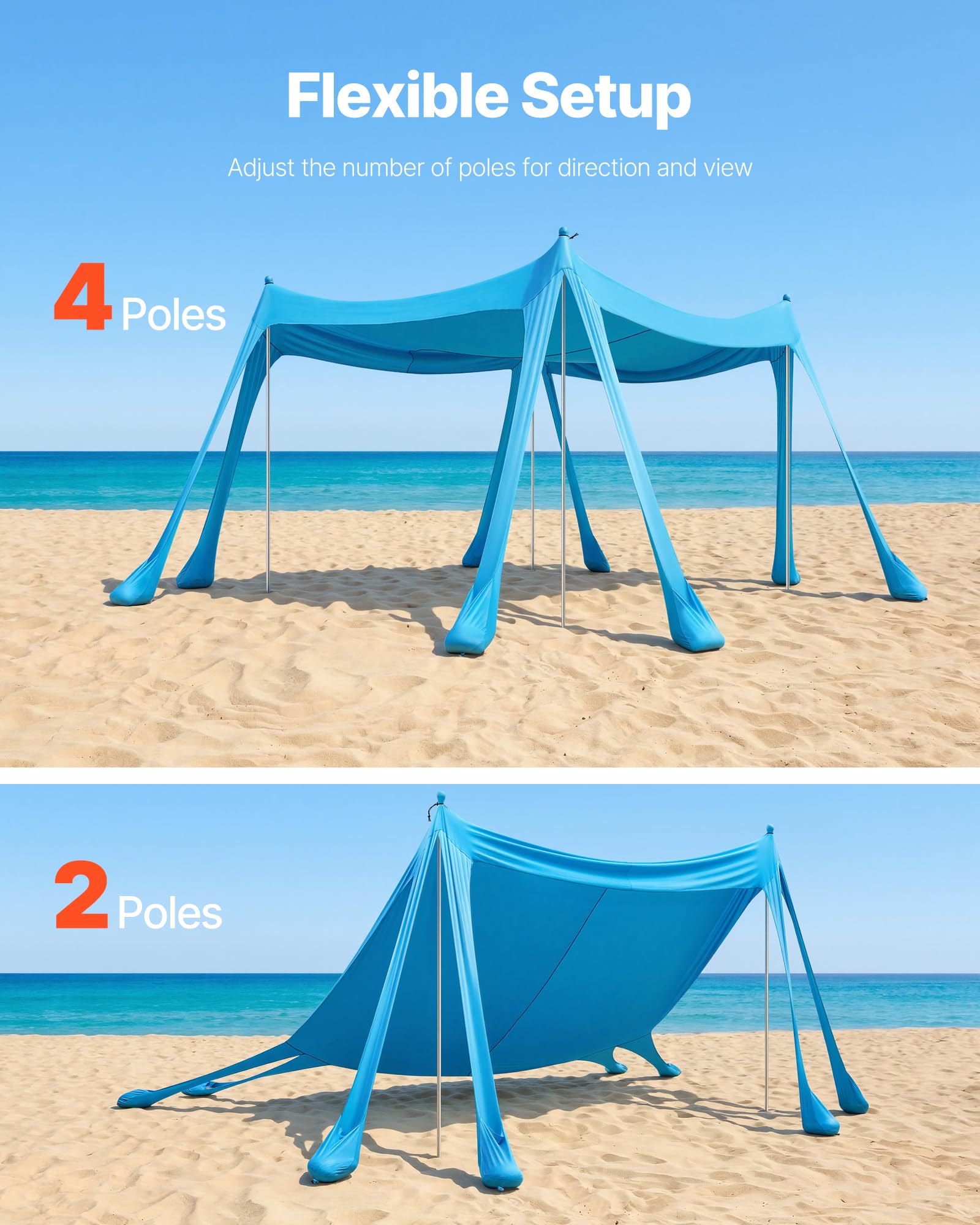 VEVOR Tenda Parasole da Spiaggia Protezione Solare UPF 50+ Portatile 3x3x2 m, Tenda da Spiaggia Parasole con Sacchi di Sabbia Ancoraggio Pali di Supporto, per Campeggio Viaggio Pesca, Blu