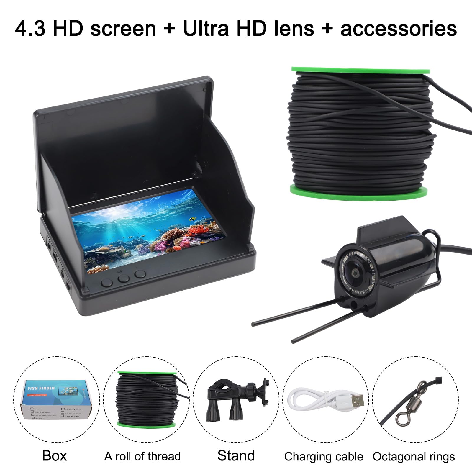 Fishfinder - Telecamera subacquea da pesca, grandangolare a 220°, visione notturna a infrarossi, impermeabile, con display da 4,3", per pesca su ghiaccio/lago/barca (50 m)