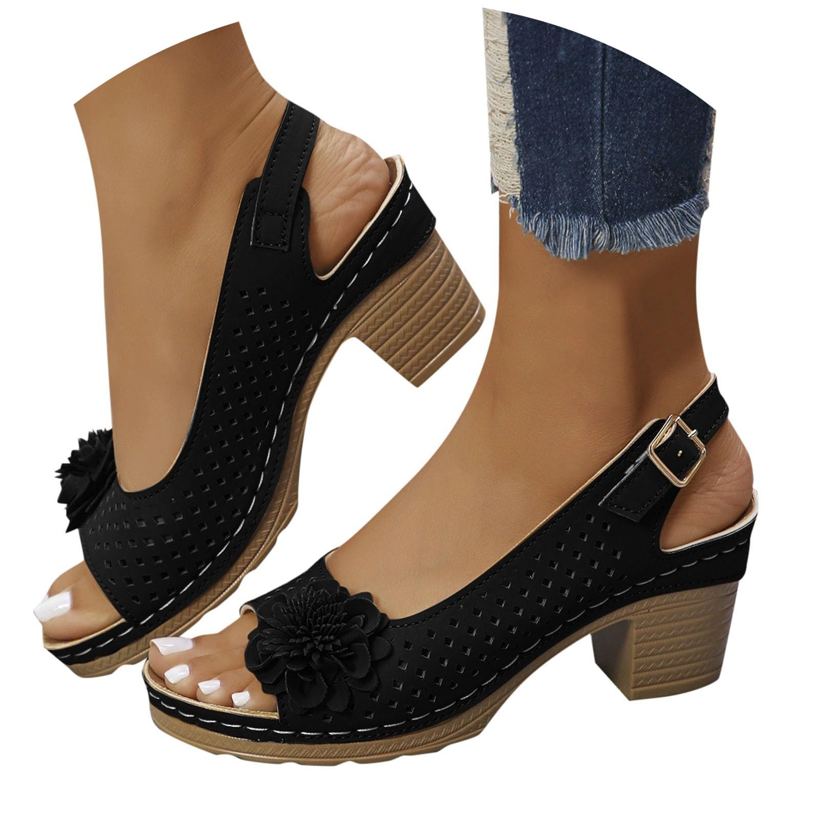 Womens Block Heeled Sandals Hollow Out Breathable Ankle Buckle Summer Floral Fashion Dressy Wedge Heel Sandals