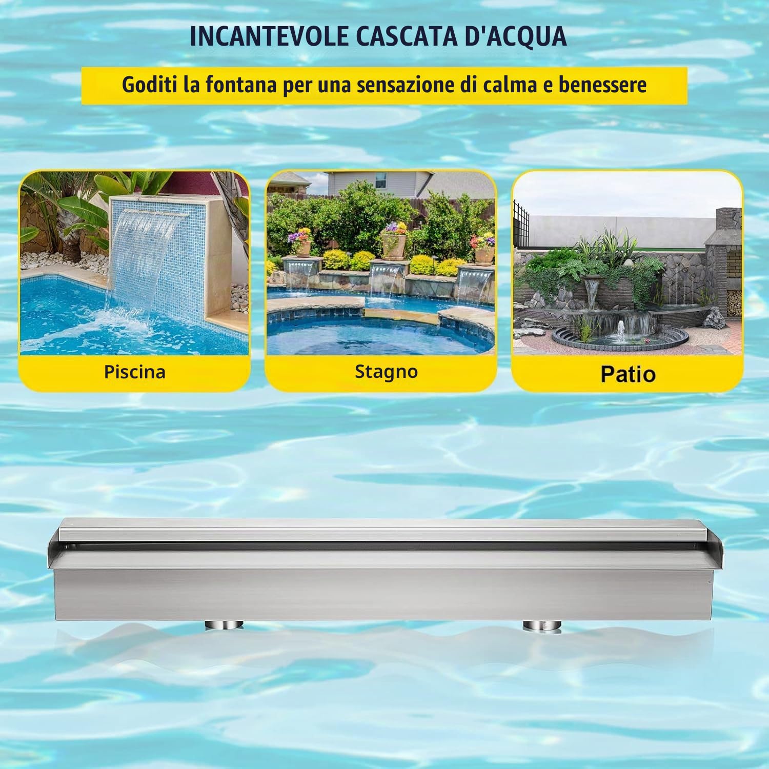 Cascata Piscina Laghetto,Lame Per Fontana Da Giardino Esterno In Acciaio Inossidabile Con Accessori,Fontana Per Piscina Decorazione Laghetto Da Giardino Patio,Per Pareti,Bordi Piscina,60 x 11.5 x 8 Cm