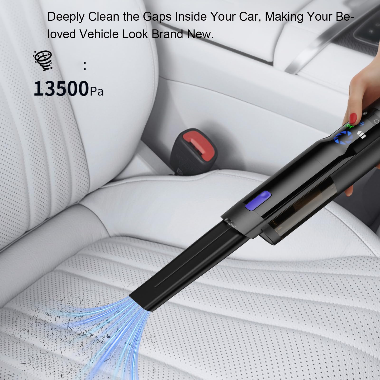 Aspiradora para Coche con Potente succión de 17000 Pa, Modo de luz Verde, 2500 mAh*3, 2 en 1 con boquillas de inflado, autonomía de 40 Minutos, para Coche y hogar,Black