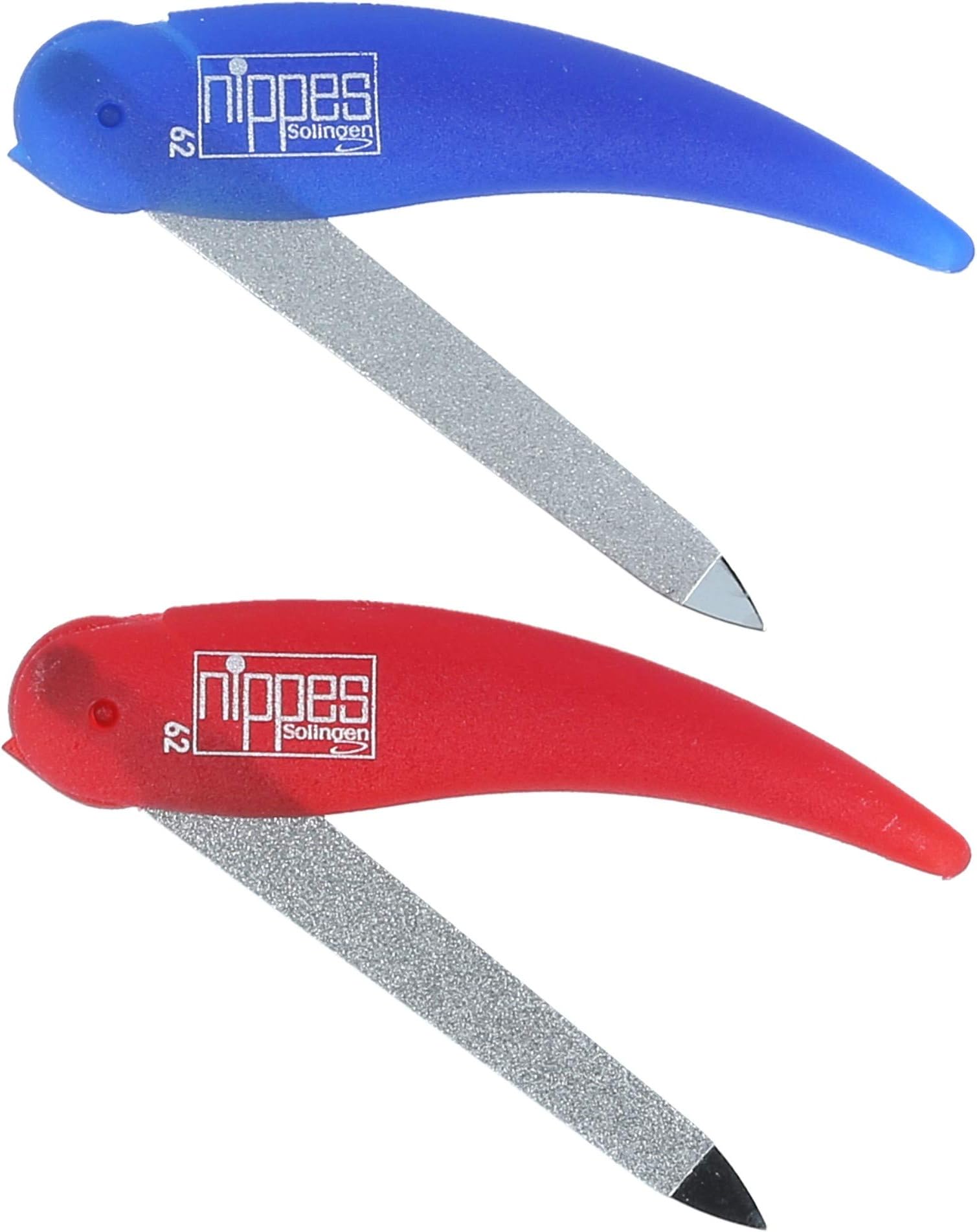 Nippes Folding Pocket Size Nail File Set with Buffers Quality Handmade in Solingen Germany Portable for Travel Pedicures Manicures Ergonomic Hand Grip Durable Metal Design Blue & Red Set [2 Pack]