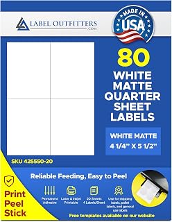 80 Label Outfitters Printable Quarter Sheet White Laser Inkjet Shipping Labels, 4-1/4" x 5-1/2", 20 Sheets