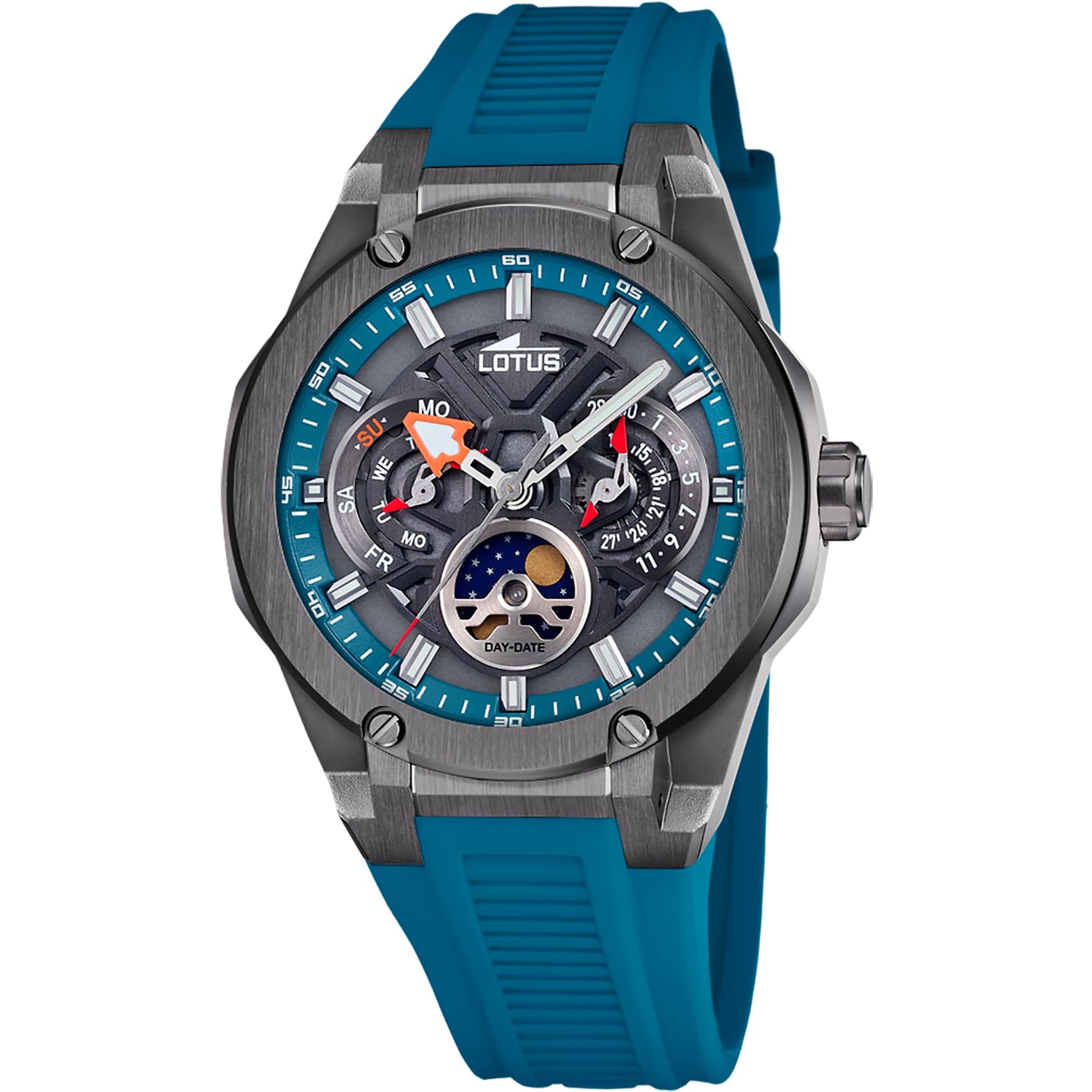 Montre Lotus Vortex Homme avec Phase Lunaire et Bracelet en Caoutchouc Bleu