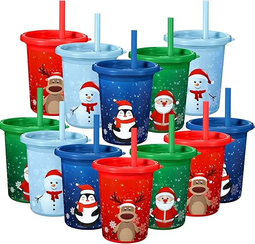 Nuanchu 12 vasos con pajitas y tapas, vasos reutilizables de plástico de 10 onzas para regalo de fiesta de Navidad (festivo)