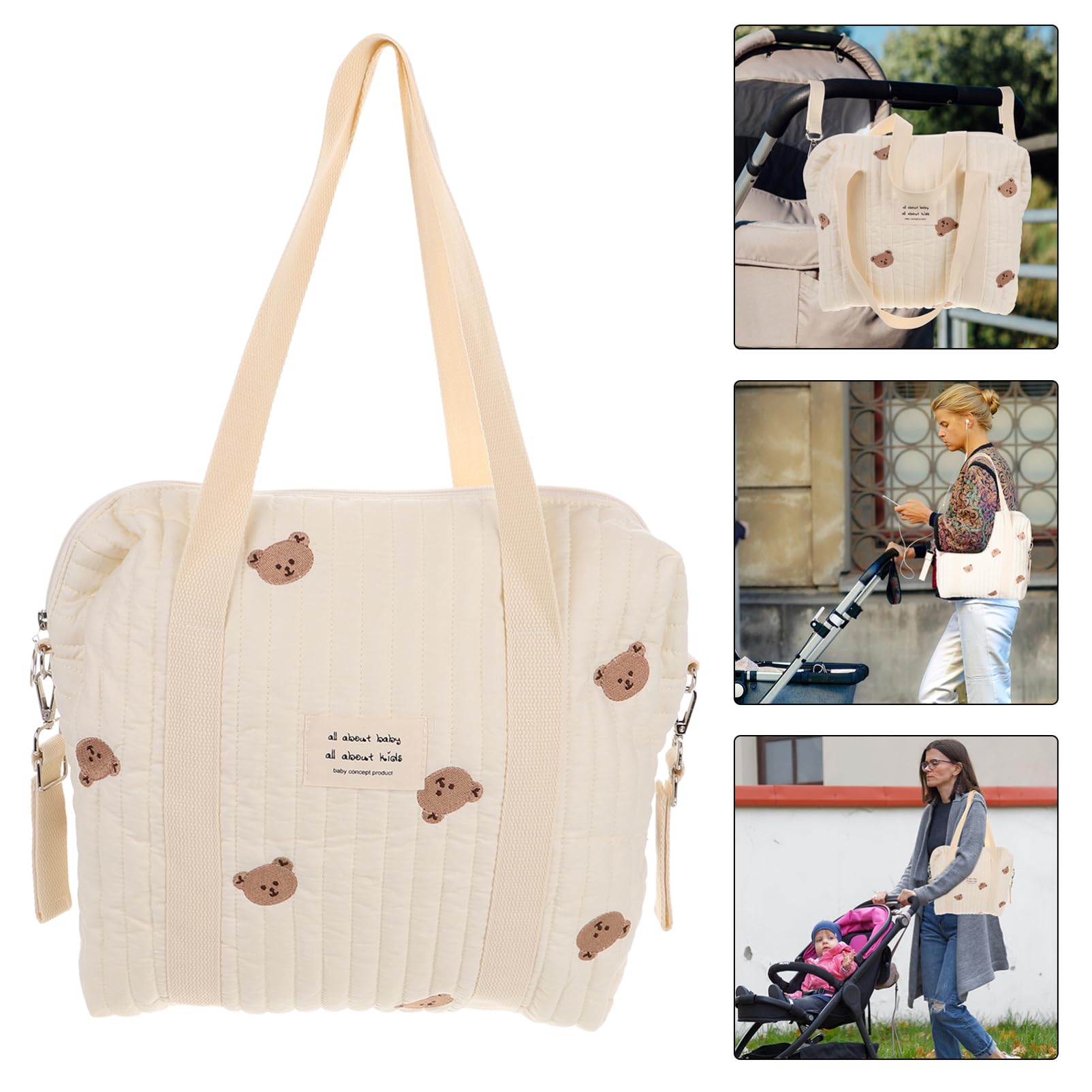 Tragbare Windeltasche mit Reißverschluss und Stickerei aus Baumwolle | Unterwegs und Reisen, Weiß mit Hardware, Passend für Babywindeln und Kleinkind Windeln