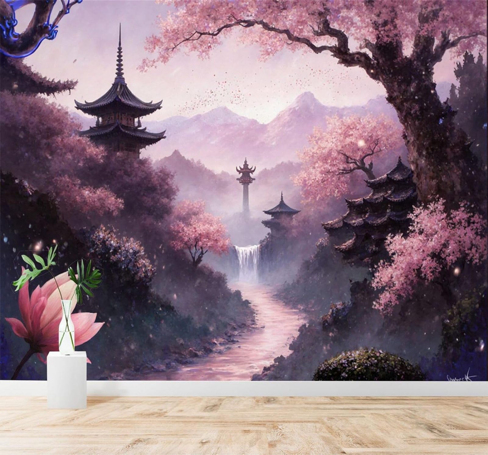 Xlming 150Cm×105Cm(B×H) Aesthetic Waterfall Lotus Architecture Mountains 3D Wallpaper Silky Texture Home Study Office Grey Dining Room Sofa Bedroom Living Room Tv Backdrop-150Cm×105Cm