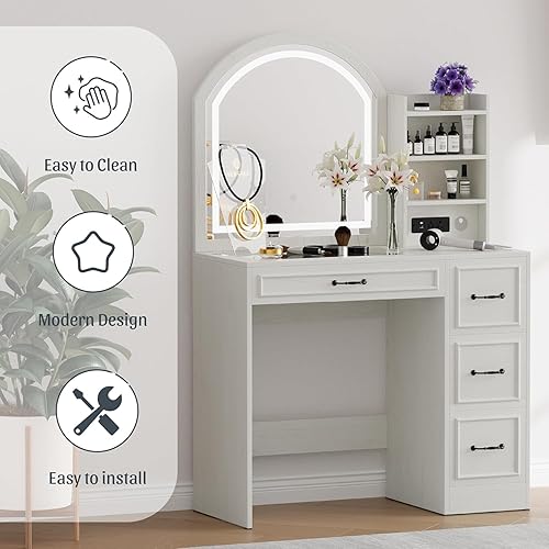 Miniatura 7 de Escritorio de tocador con espejo y luces, mesa de tocador de maquillaje con armario lateral, tocador de 4 cajones con parte superior de cristal,