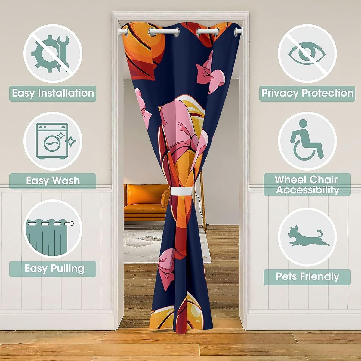 Feelyou Basketball Door Curtain for Doorway Window 34" x 80" Pink Bow Insulated Temporary Room Dividers Gaming Sports Closet Cover Gift for Basketball Lover Bedroom Living Room Coquette Aesthetic image 3