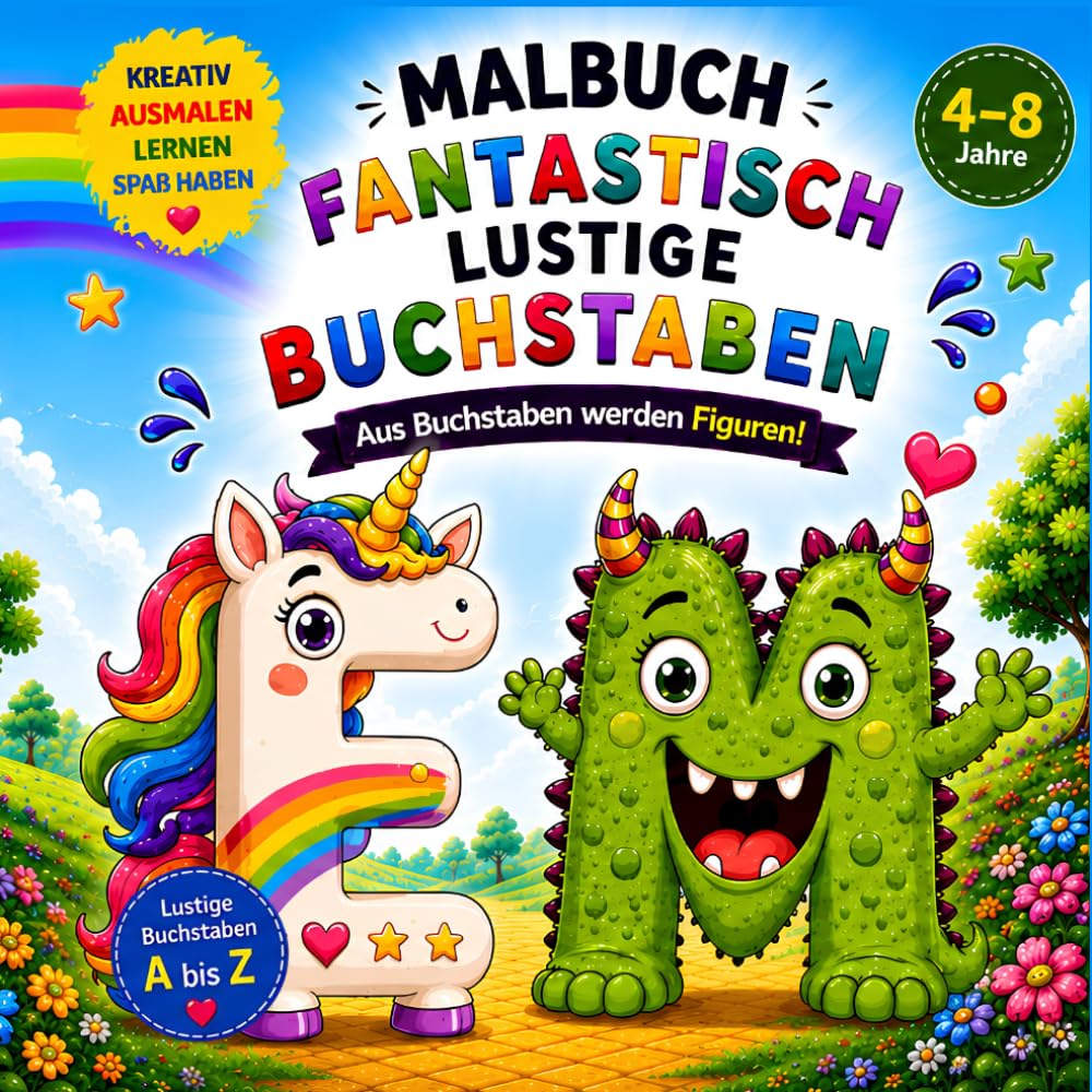 Malbuch für Kinder ab 4 Jahren – Fantastisch lustige Buchstaben: Aus Buchstaben werden lustige Figuren | Spielerisch Buchstaben lernen und kreativ ... zum Geburtstag, Kindertag oder Schulstart