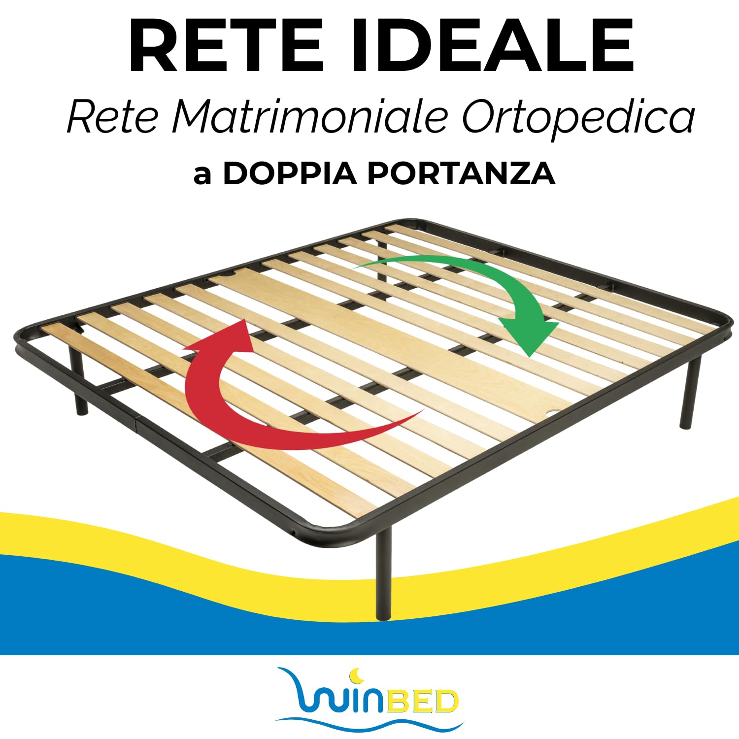 Win Bed - IDEALE - RETE MATRIMONIALE 160x190 Ortopedica a Doghe in Legno – Telaio in Acciaio Rinforzato con Piedi Antiscivolo Smontabili