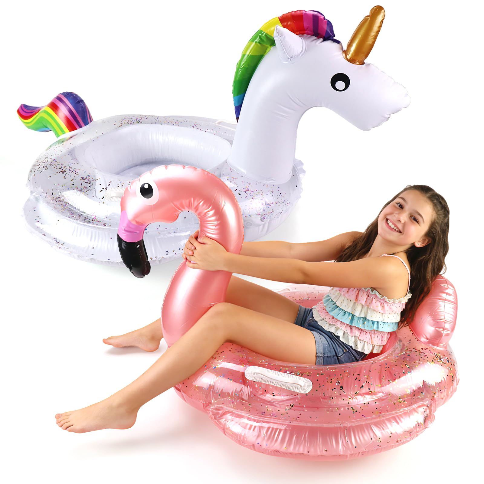 Photo 1 of 2 Pack Inflatable Unicorn Flamingo Pool Floats for Kids, Toddler Pool Float Fun Swimming Toys Party Decorations Pool Float for Kids Boys Girls,Summer Beach Water Toys