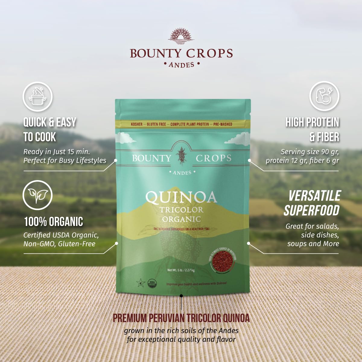 Bounty Crops Organic Tricolor Quinoa (5 lb, 80 oz, 2.27 kg), Fiber, Iron and Potassium, Plant Base Protein, Gluten-Free, Non-GMO, Kosher, Vegan Superfood