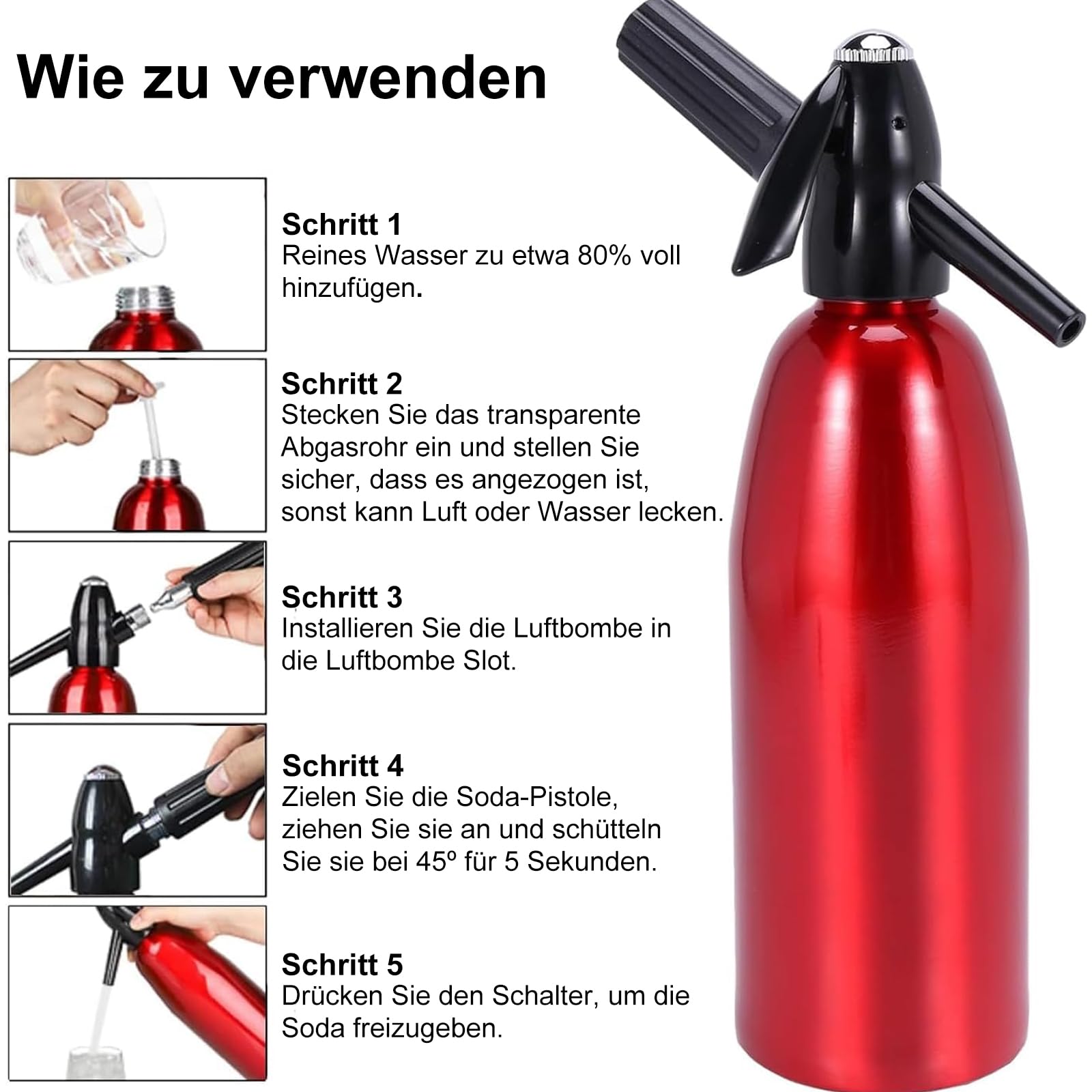 AstraLoom Tragbarer Soda Maker, 1L Soda-Siphon aus Aluminium für Sprudelwasser & Cocktails (rot)