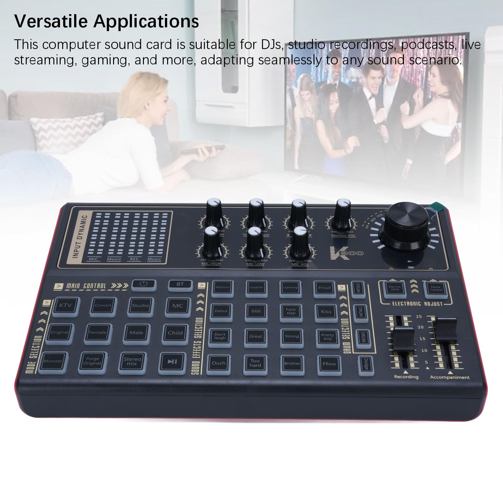 Luocute Scheda Audio Live per Computer, Mixer Multi-DJ con 12 Effetti Elettrici e 20 Preimpostati, Luci a LED, Monitoraggio in Tempo Reale, per Trasmissione di Giochi per PC Podcasting