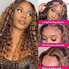 NKTU 4/27 Deep Wave Lace Front Wigs Human Hair Honey Blonde Highlight Ombre Wigs Human Hair for Women 13x4 HD Transparent Lace Frontal Wigs Pre Plucked with Baby Hair 180 Density 26 Inch