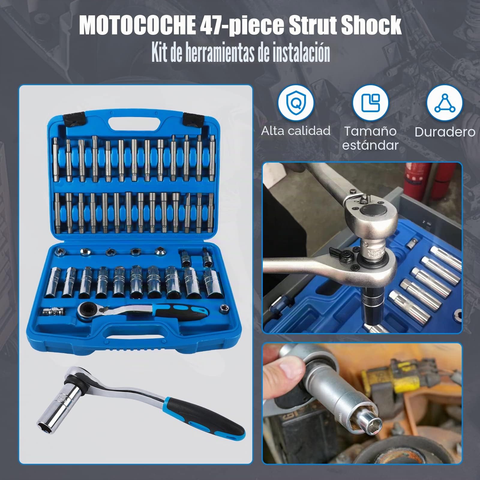 47PCS Juego Desmontaje Amortiguadores Coche - Herramienta Instalación Amortiguadores, Juego Llaves Vaso para Instalación Tuercas Extracción Amortiguadores Suspensión con Carraca