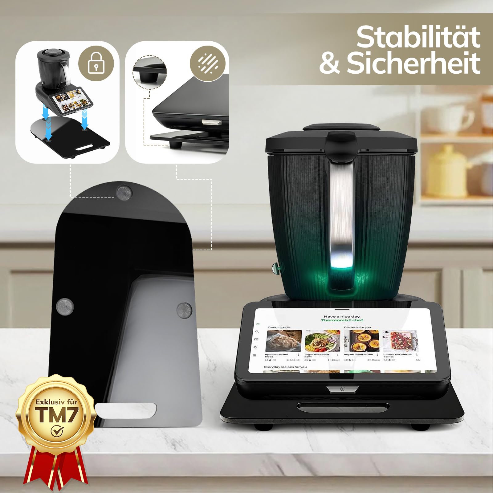 Gleitbrett TM7 für Thermomix, Brett für Thermomix mit 360° Rollen, Stopper & Gummifüßen, Müheloses Verschieben des TM7 Hochwertiger Rollbrett Zubehör für sicheren Stand der Küchenmaschine, Schwarz