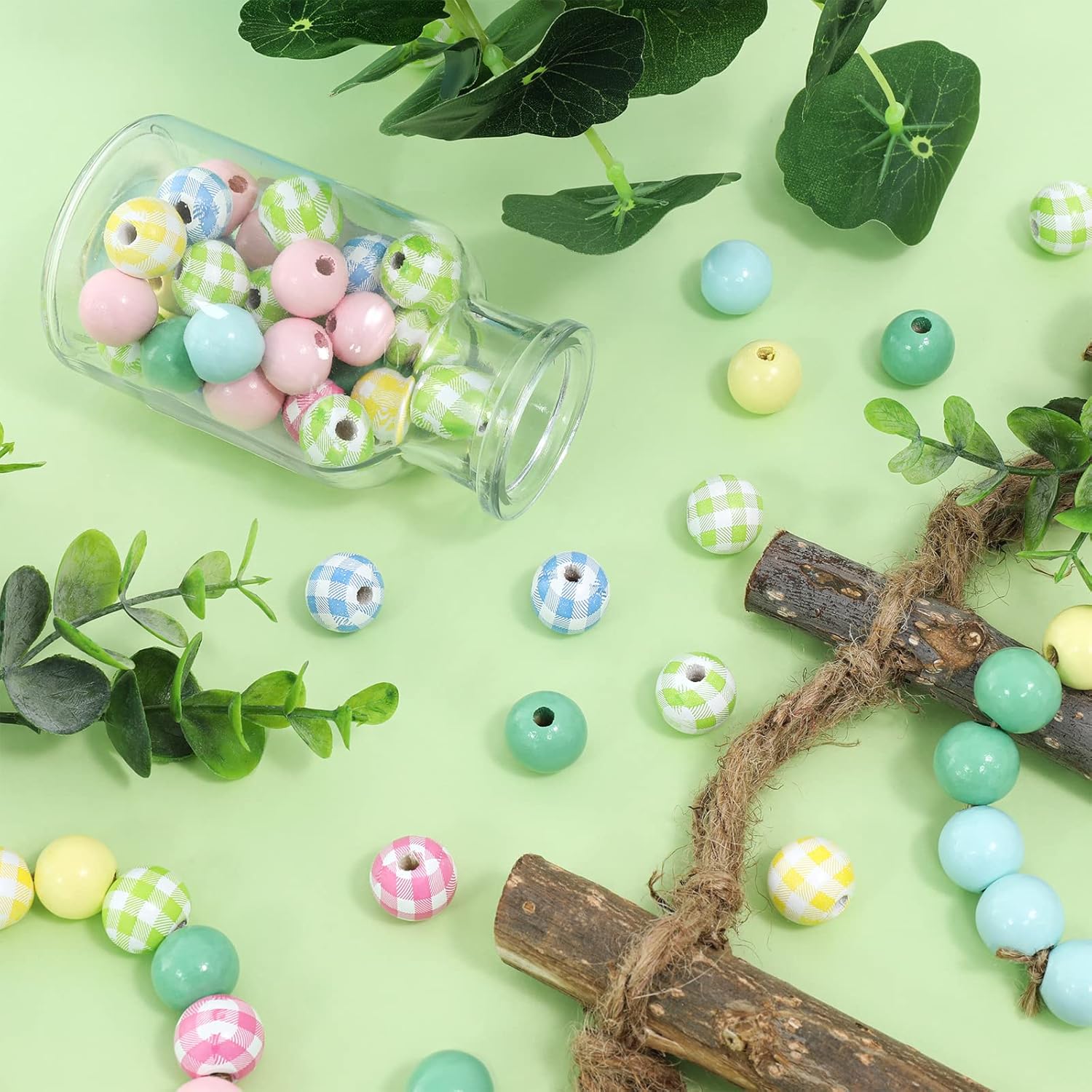 Whaline 240 Macaron Wooden Craft Beads Blue Green Yellow Pink Colorful Wooden Round Beads Plaid Round Wood Polished Spacer Bead Bubblegum Loose Beads for DIY Lanyard Key Chain Handmade Jewelry Decor - Image 6