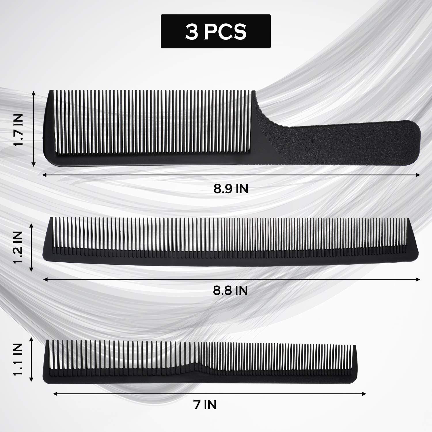 3 Pieces Carbon Fiber Comb Set Barber Cutting Comb Flat Top Clipper Comb Anti Static Hair Dressing Comb (Black, 8.9 x 1.8 Inch, 8.8 x 1.2 Inch, 7 x 1.1 Inch)