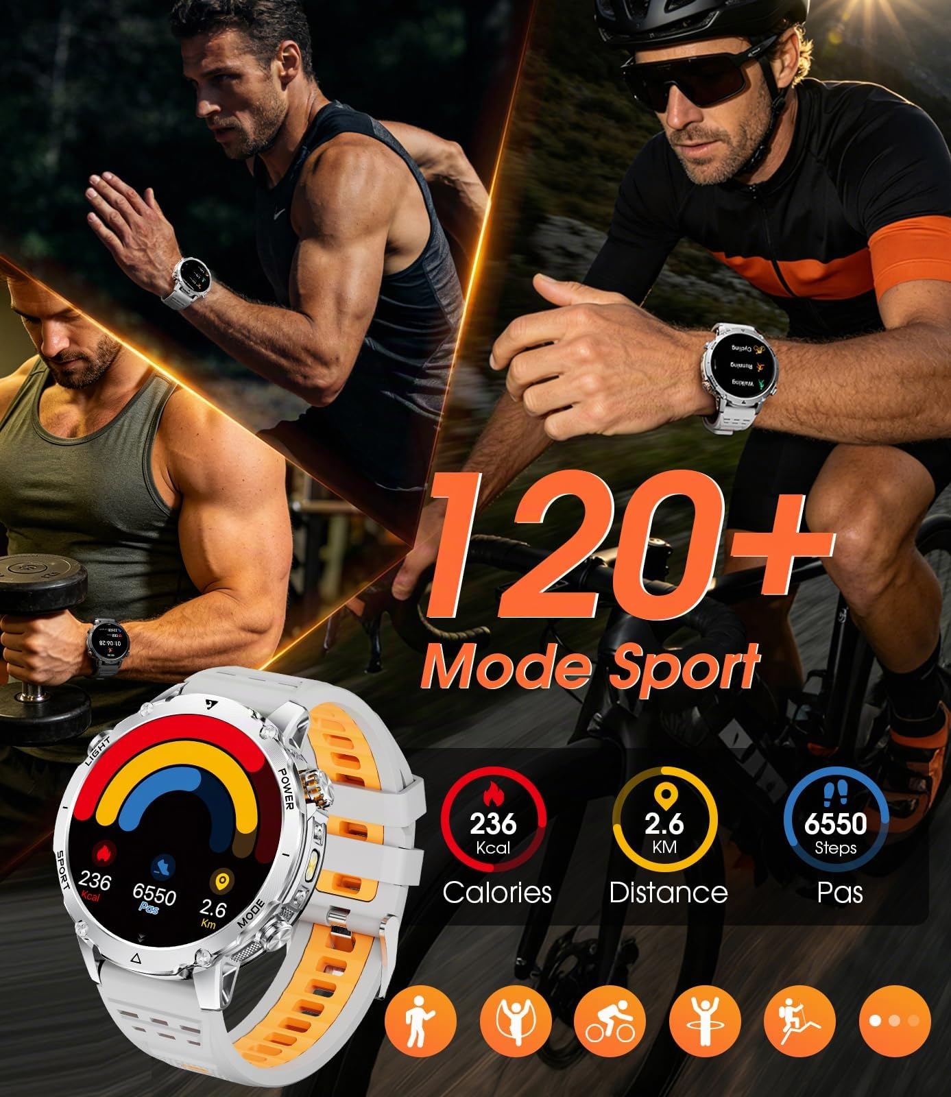 SUNKTA Montre Connectée Homme 1400 mAh 20 Jours Autonomie Grande Batterie 1,7″ HD Appels Bluetooth Militaire Smartwatch Homme pour iOS Android, Moniteur de Fréquence Cardiaque/Sommeil/Lampe LED,Argent