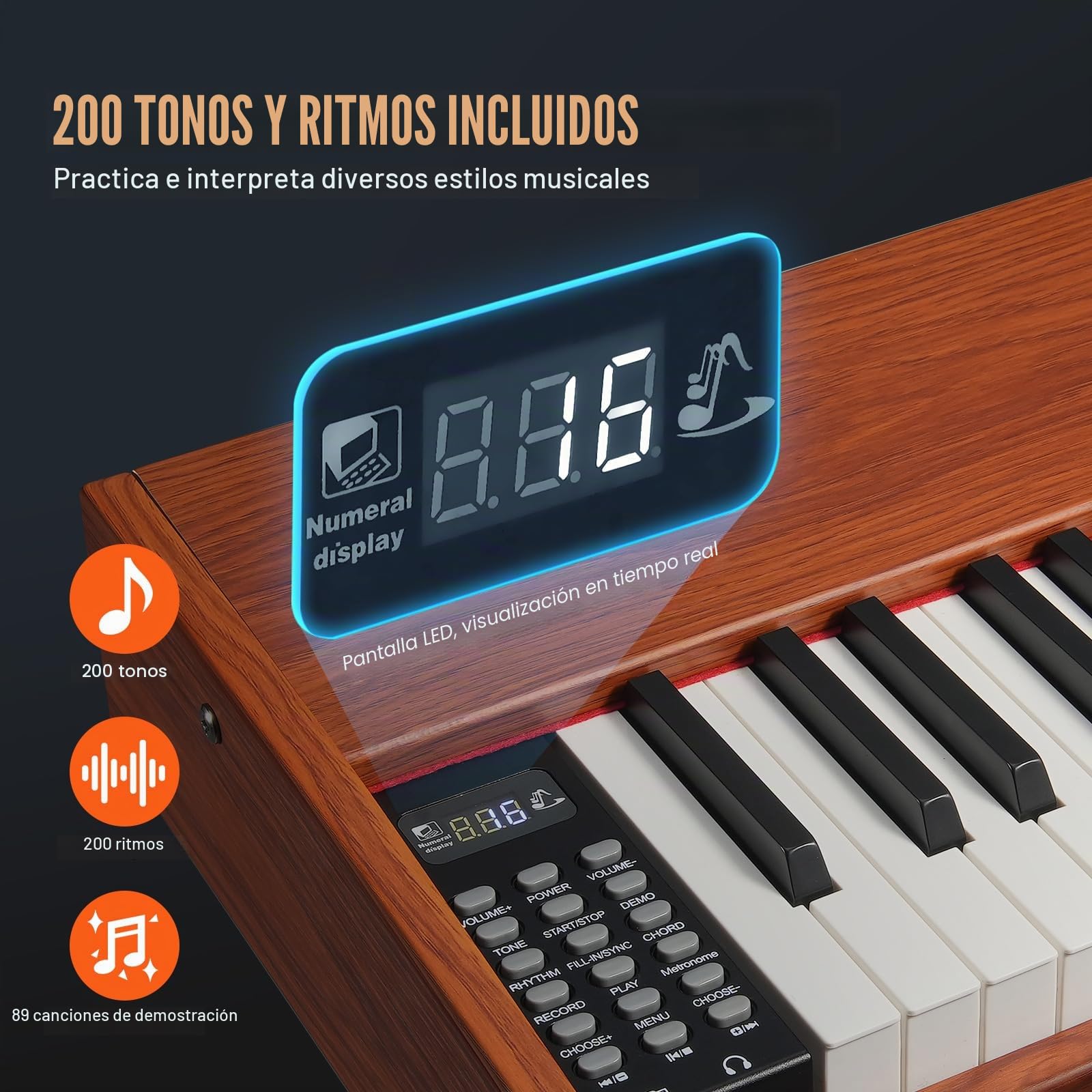 VEVOR Piano Digital Ponderado 88 Teclas Totalmente Ponderadas, Piano Eléctrico con Teclado Doble, Altavoces, Soporte de 4 Patas, Auriculares, 200 Tonos y Ritmos, Compatible con Bluetooth/USB/MIDI