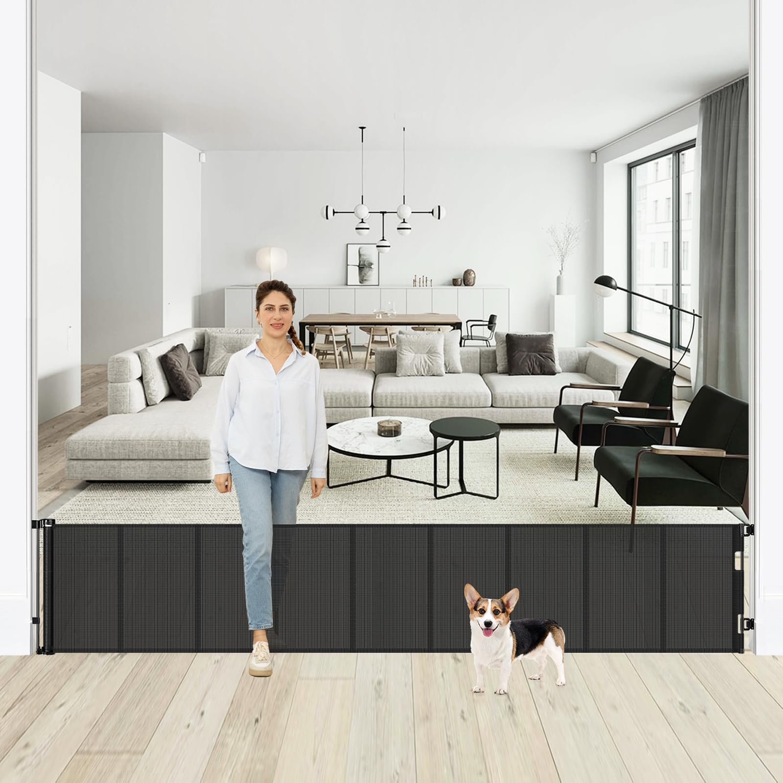 24 Inch Tall x 150 Inch Extra Wide Retractable Dog Gate for The House, Short Baby Gate to Step Over, Reinforced Mesh Puppy Gate for Doorways, Step