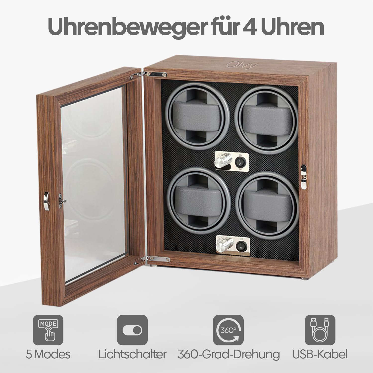 Olvy Uhrenbeweger für 4 Uhren, Watchwinder Box, Extrem Leiser Mabuchi Motor, Flexiblem Uhrenkissen, Watch Winder