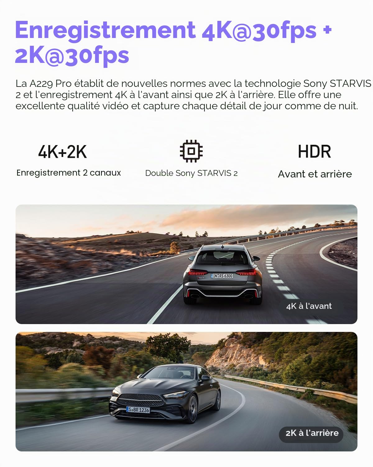 VIOFO A229 Pro 4K+2K Dashcam Avant+Arrière, Wi-FI 5G, GPS, CPL