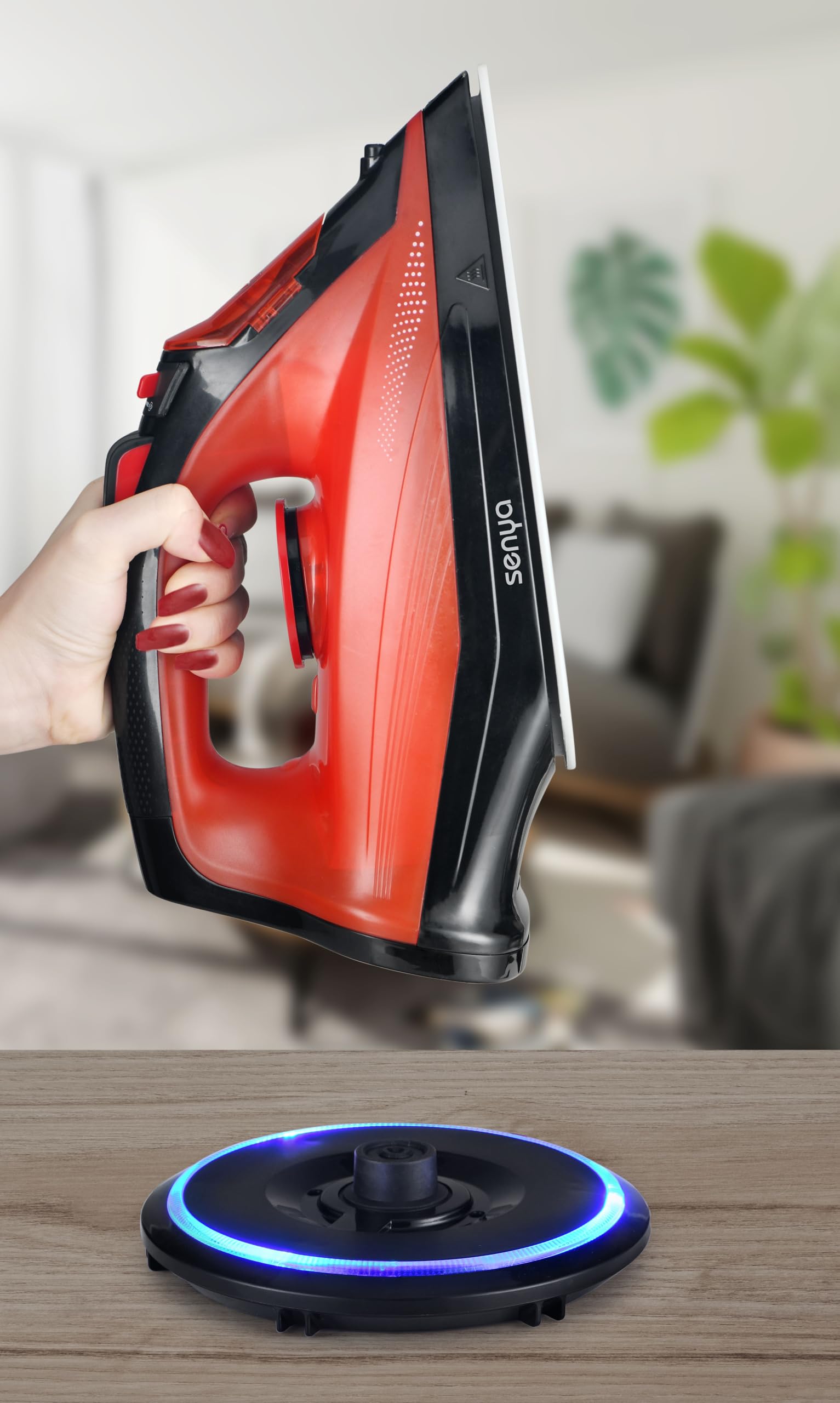 SENYA - Fer à Repasser Vapeur Sans Fil, Débit Vapeur 35 g/min, 2400W Semelle en Céramique, Défroissage Vertical Rouge Simple Move V2