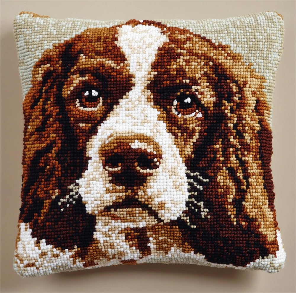 Orlumy Brown Diy Latch Hook Kitslatch Hook Kits Springer Spaniel Dog Diy Latch Hook Kits Pillow Needlepoint Cushion Kit For Home Décor Needlework Set For Adult Beginners 17X17in