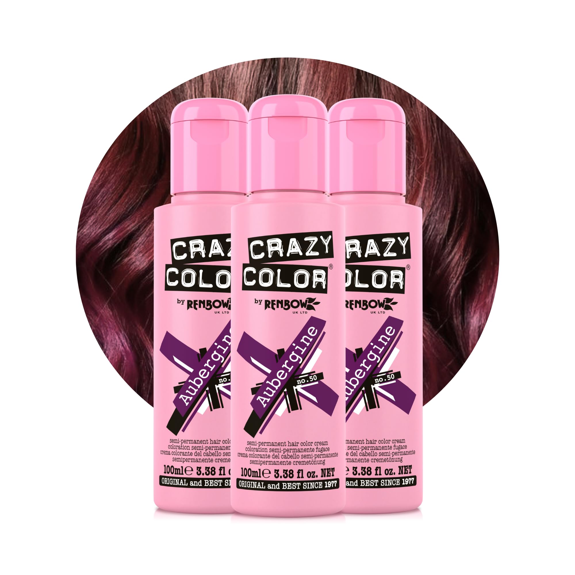 Crazy Color Vibrant Aubergine Semi-Permanent Trio Hair Dye. Highly Pigmented Wine Purple Conditioning & Oil Nourishing Vegan Formula | No Bleach or Ammonia | 300ml