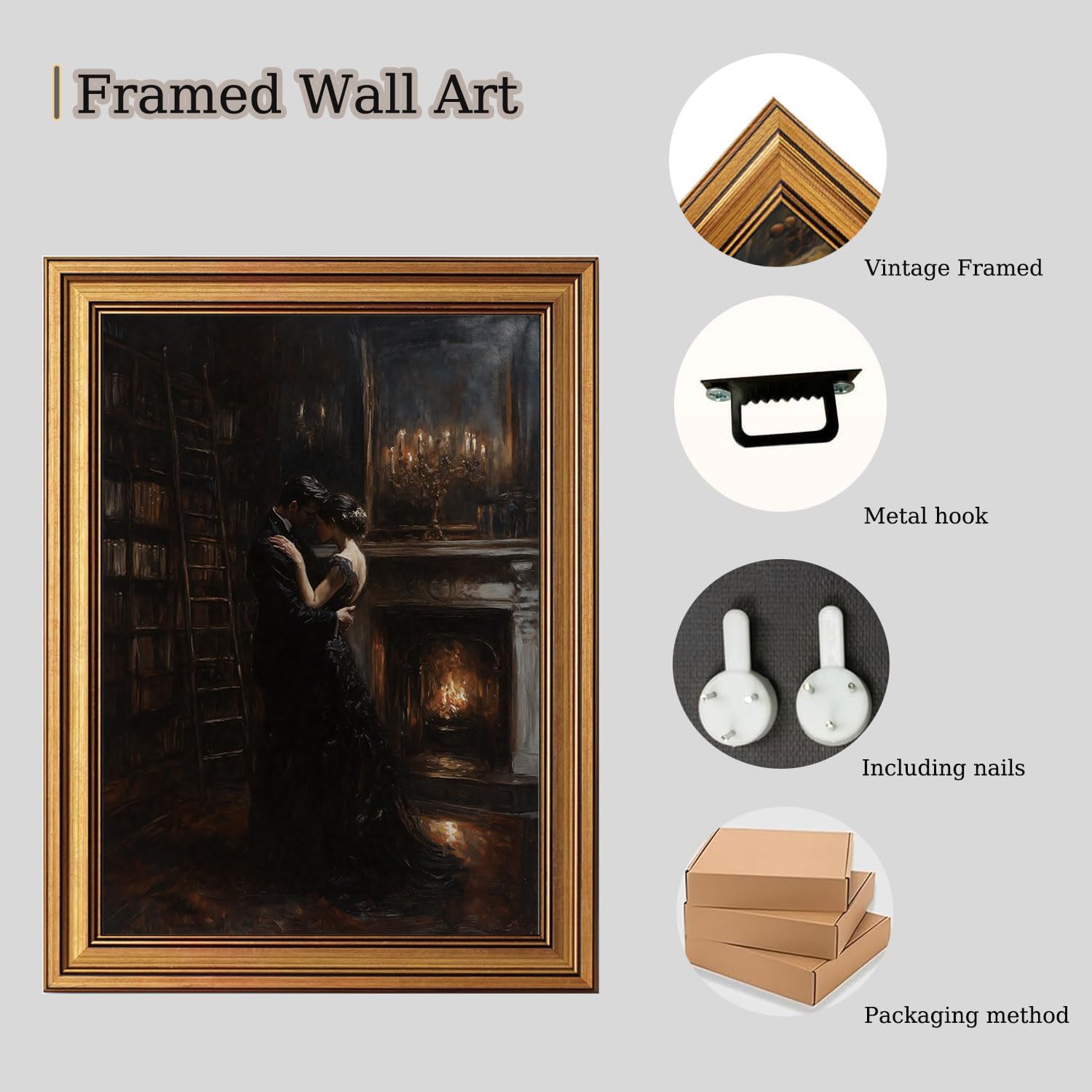 CHMMART Vintage Gold Framed Wall Art Dark Academia Couple Canvas Art Prints Victorian Cottagecore Pictures Wall Decor Moody Bookish Paintings Artwork for Living Room Bedroom 12x16in
