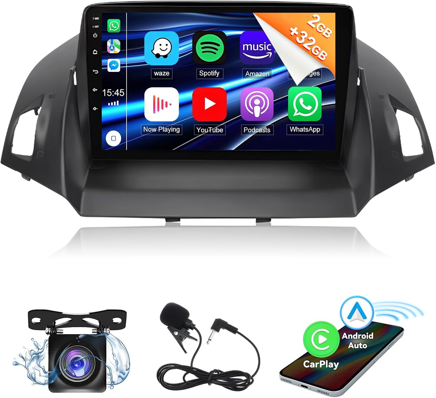 Car Radio Stereo for Ford Escape 2013 2014 2015 2016 2017 2018 2019, 9'' Touch Screen for Escape Wireless Carplay Android Auto, GPS, WiFi, Bluetooth, HiFi, FM, SWC, Mic, Backup Cam, 2+32GB