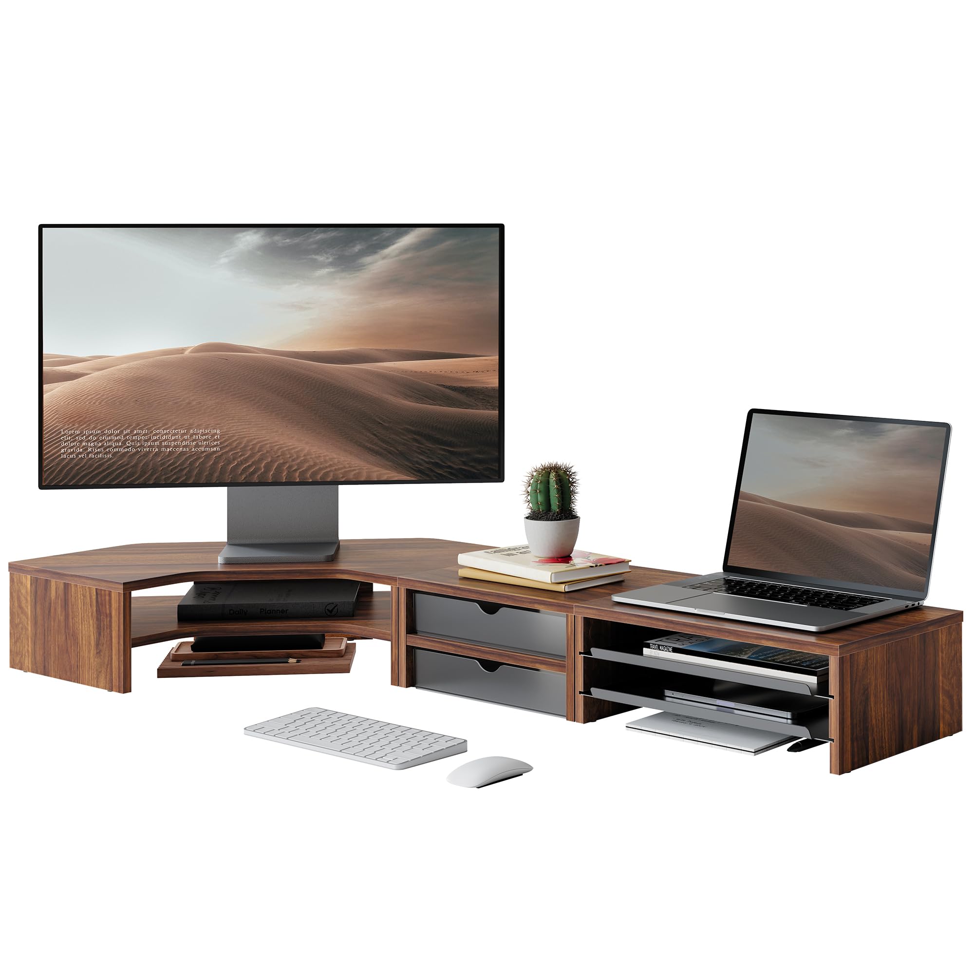 Fenge Monitor Stand 3 en 1, Support Moniteur Bureau, avec Tiroirs, Plateaux, Forme en L, Combinaison Libre, Réhausseur d'Écran, pour Bureau Domicile, PC, Ordinateur Portable, Imprimante, TV (Marron)