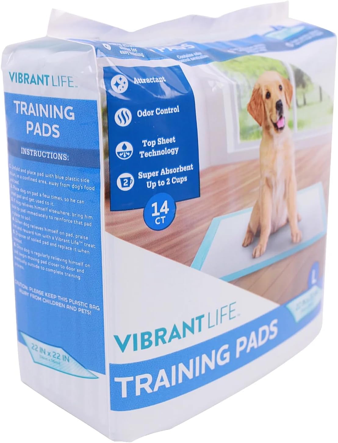 Vibrant Life Large Dog & Puppy Training Pads, 22 in x 22 in, Absorbent, Leak-Proof, Disposable, Odor Control, Built-in Attractant, Unscented, Perfect for Potty Training & Daily Use (14 Ct)